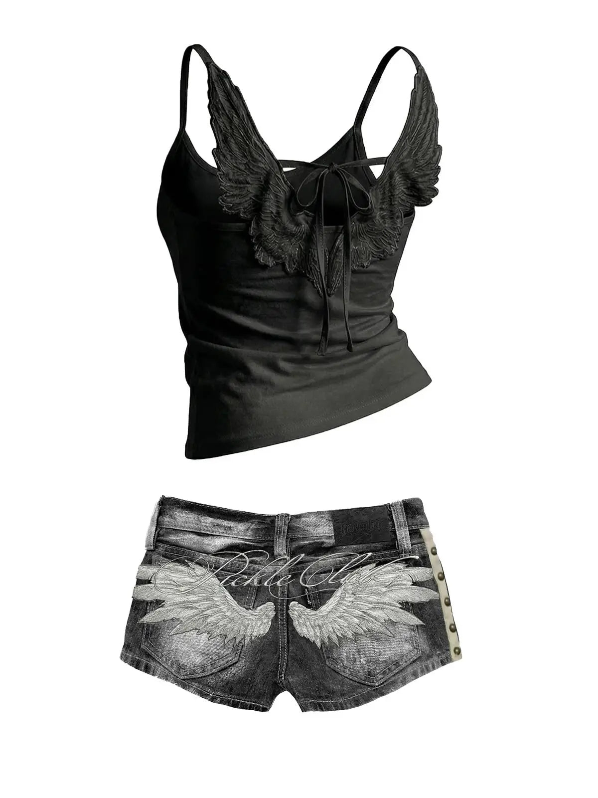 STORESDE Y2K Hot Girl Angel Wings Embroidered Vest Denim Shorts Suit Retro Sexy Shorts Subculture Punk Rivet Design Low-Waisted Pants