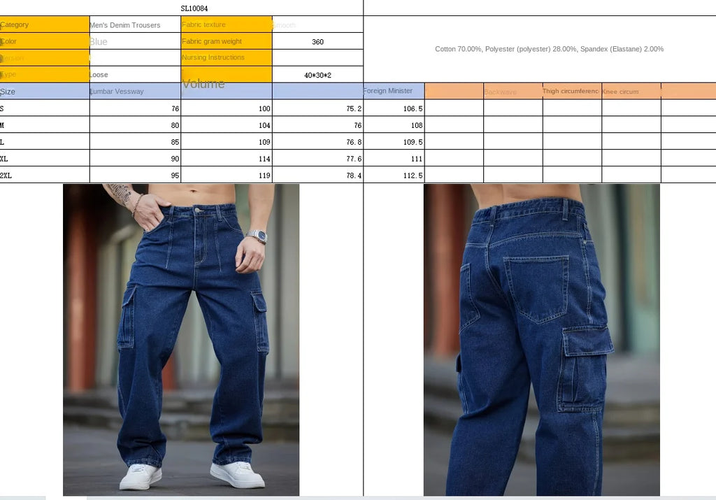 STORESDE Men's Deep Blue Washed Denim Workwear Jeans Casual Multiple Pockets Design Loose Wide Leg Trousers Y2K Style Cargo Pants