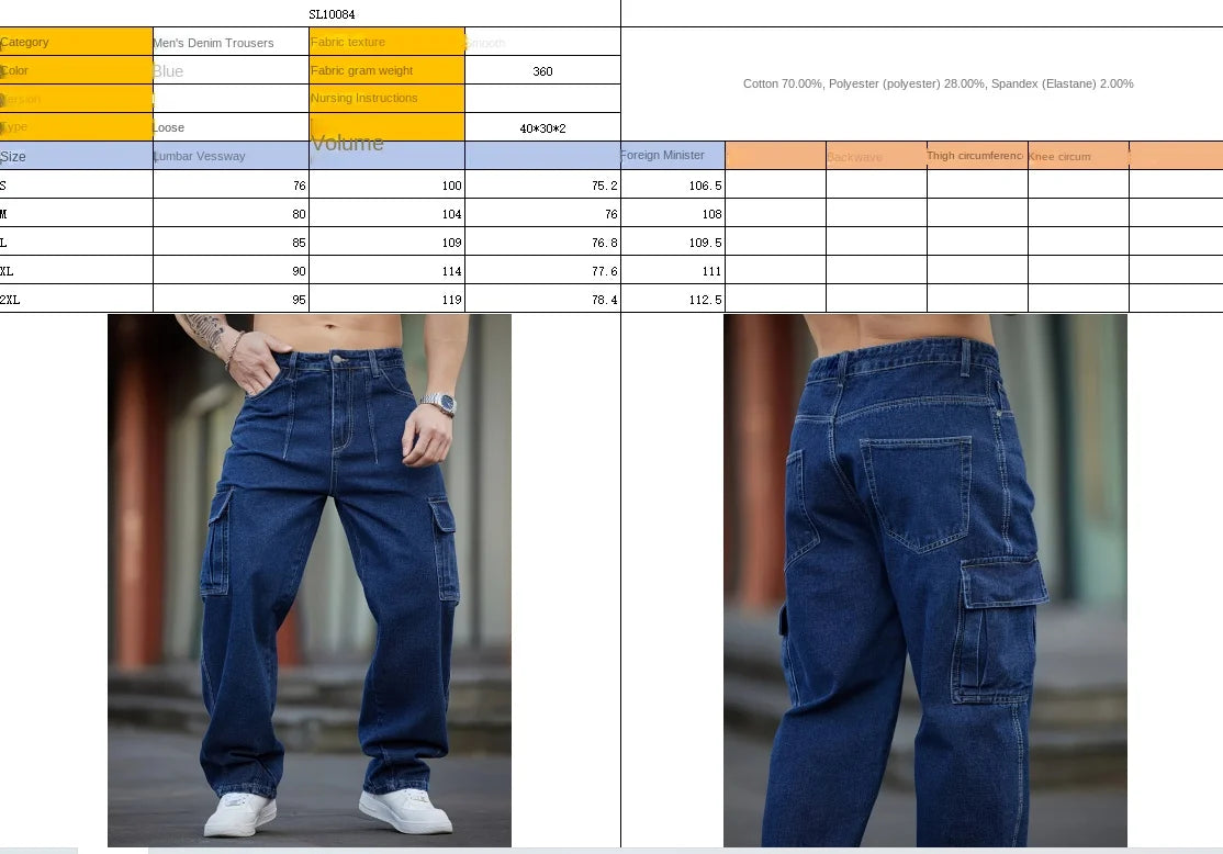 STORESDE Men's Deep Blue Washed Denim Workwear Jeans Casual Multiple Pockets Design Loose Wide Leg Trousers Y2K Style Cargo Pants