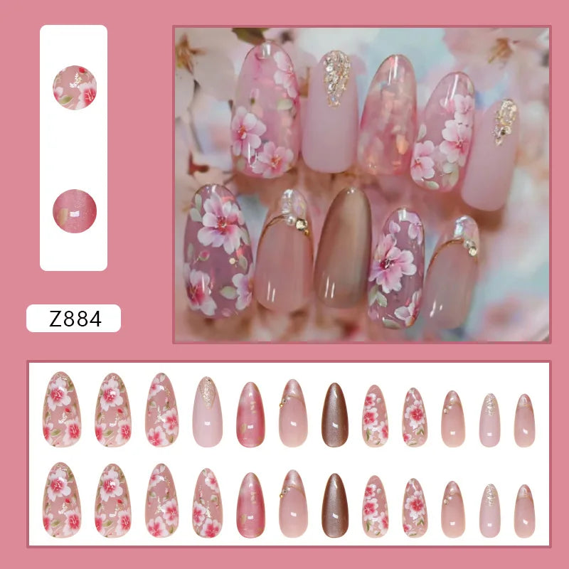 STORESDE 24Pcs Peach Blossom Press on Nails Cat's Eye Nude Glitter False Nail for Women&Girl Spring and Summer Detachable Wearable Nail