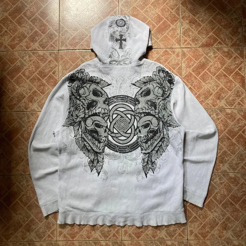 STORESDE 2025 American Vintage Oversized Skull Graphic Zipper Hoodie Men Y2K Harajuku Hip Hop Gothic Couple Casual Joker Sweatshirt Coats