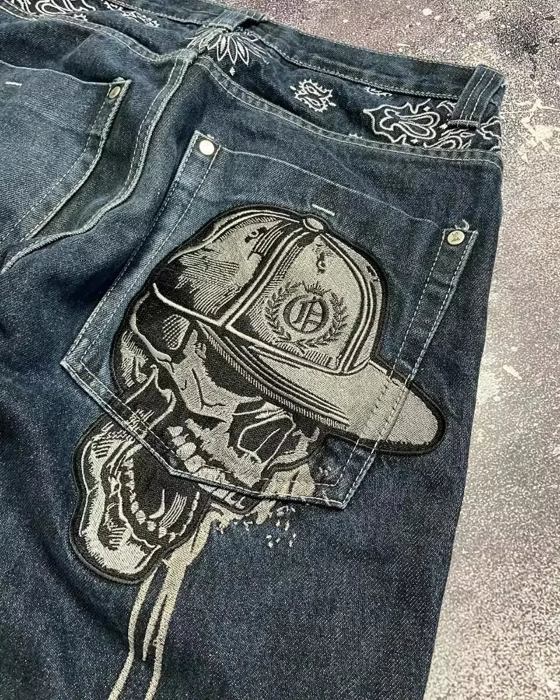 STORESDE Street Fashion Trend Skull Embroidered Jeans Women Harajuku Y2K New Hip Hop Joker Straight Wide-leg Pants Couple Casual Jeans