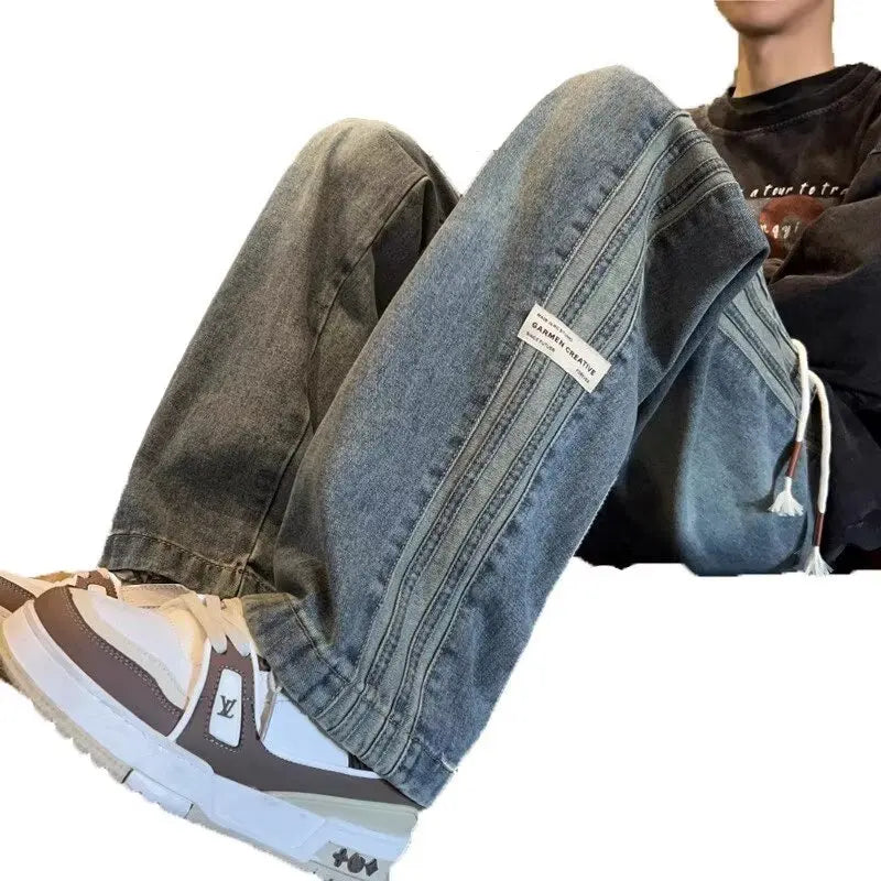 STORESDE Three bar American retro jeans men's spring and autumn new style high street elastic waist loose casual men's straight leg long