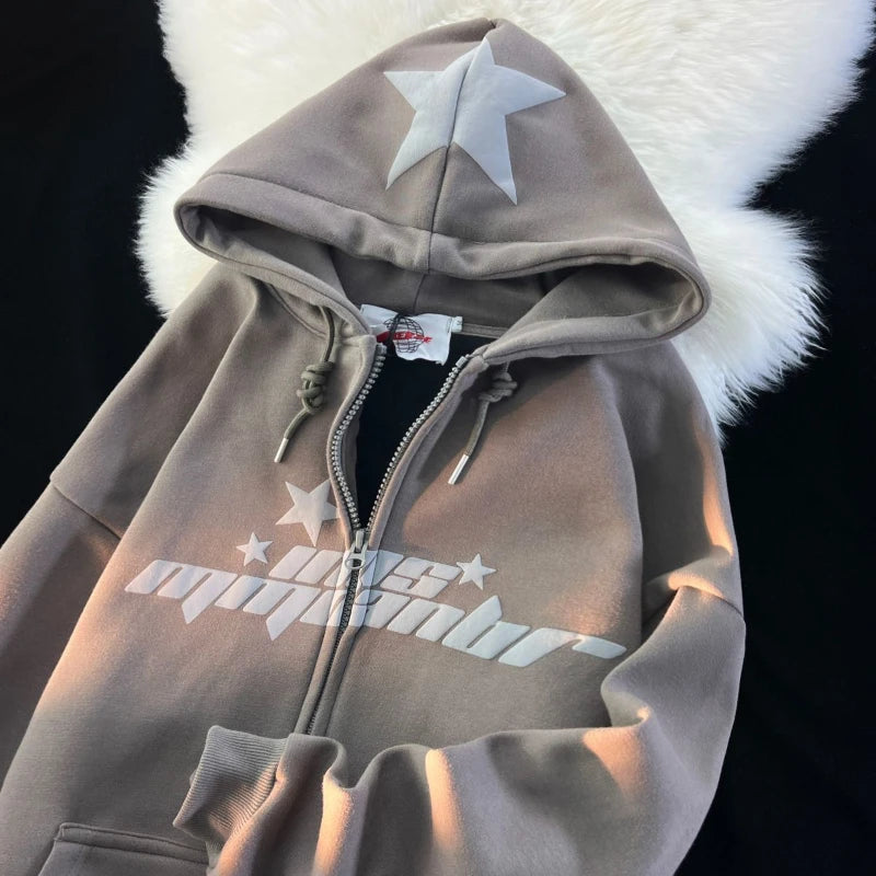 STORESDE Y2K American Letter Printed Zip-up Hoodies Women Street Fashion Harajuku Style Sweatshirt Couple Casual Loose Plus Velvet Hoodie