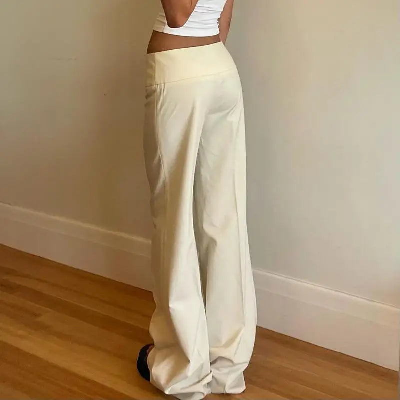 STORESDE Vintage Y2K Korean Streetwear Pants Woman Low Rise Straight Loose Beige Trousers Button Up Basic 2000S Women Casual Pants