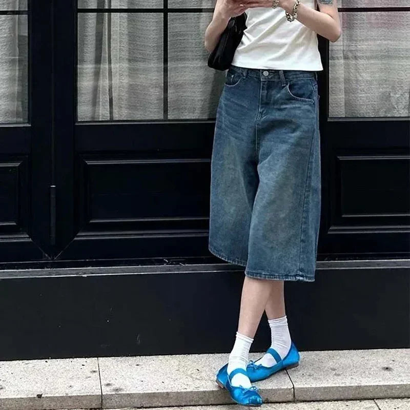 STORESDE 2026 Summer High Street Women Baggy Thin Jeans Female High Waist Capri Pants Girls Solid Color Leisure Denim Shorts