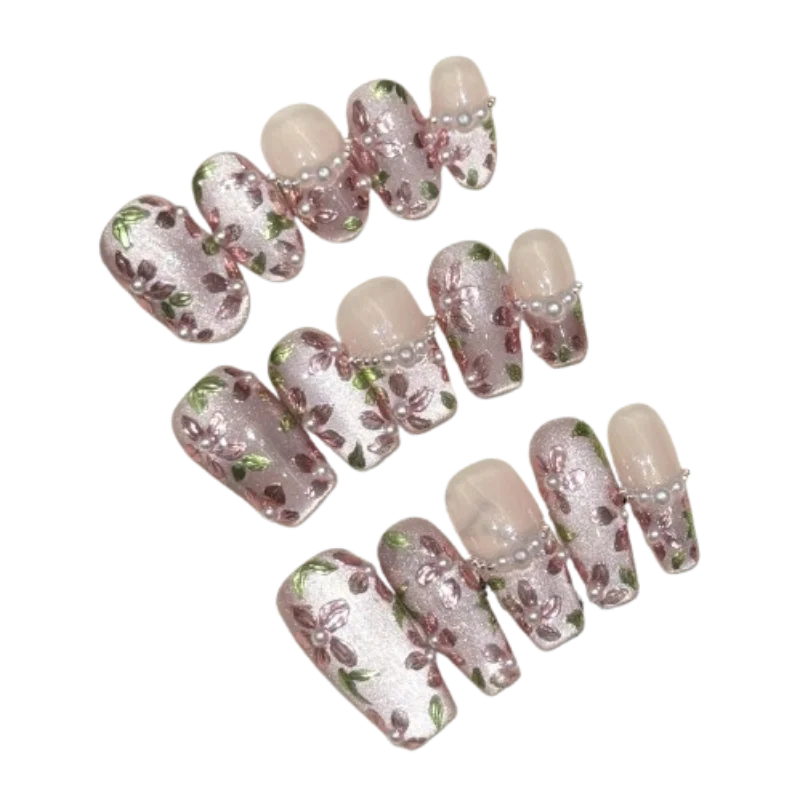 STORESDE 10pcs Handmade Press On Nails Hand-painted Flower Glossy Purple Cat's Eye False Nails Pearl Decor French Style Spring Fake Nail