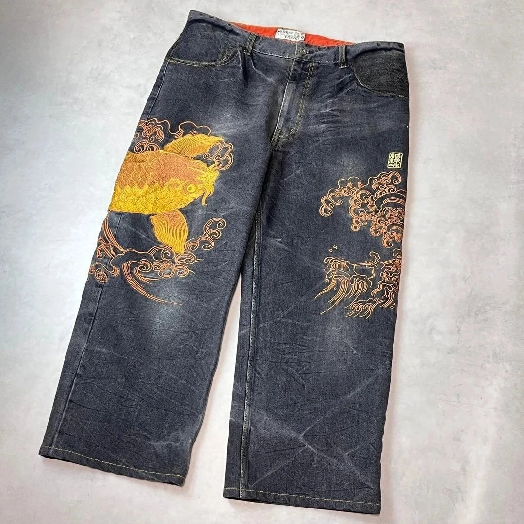 STORESDE Japanese Retro Selvedge Jeans Man Y2K High-end Brand Natural Indigo Dip Dyeing Harajuku Mopping Pants