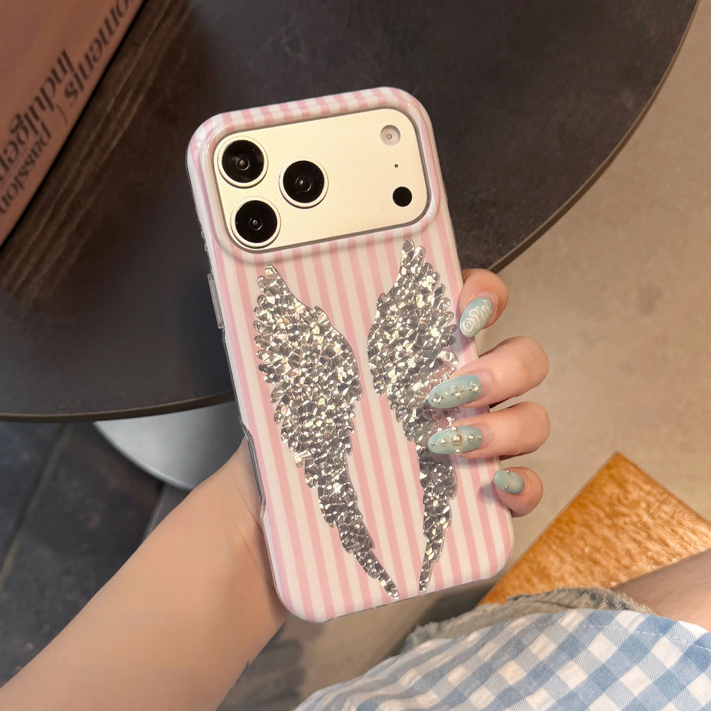 STORESDE Korean Cute Pink White Stripe Wings Phone Case For iPhone 17 Pro 16 15 Pro Max 17pro 16pro Fashion Shockproof Cover For Girls