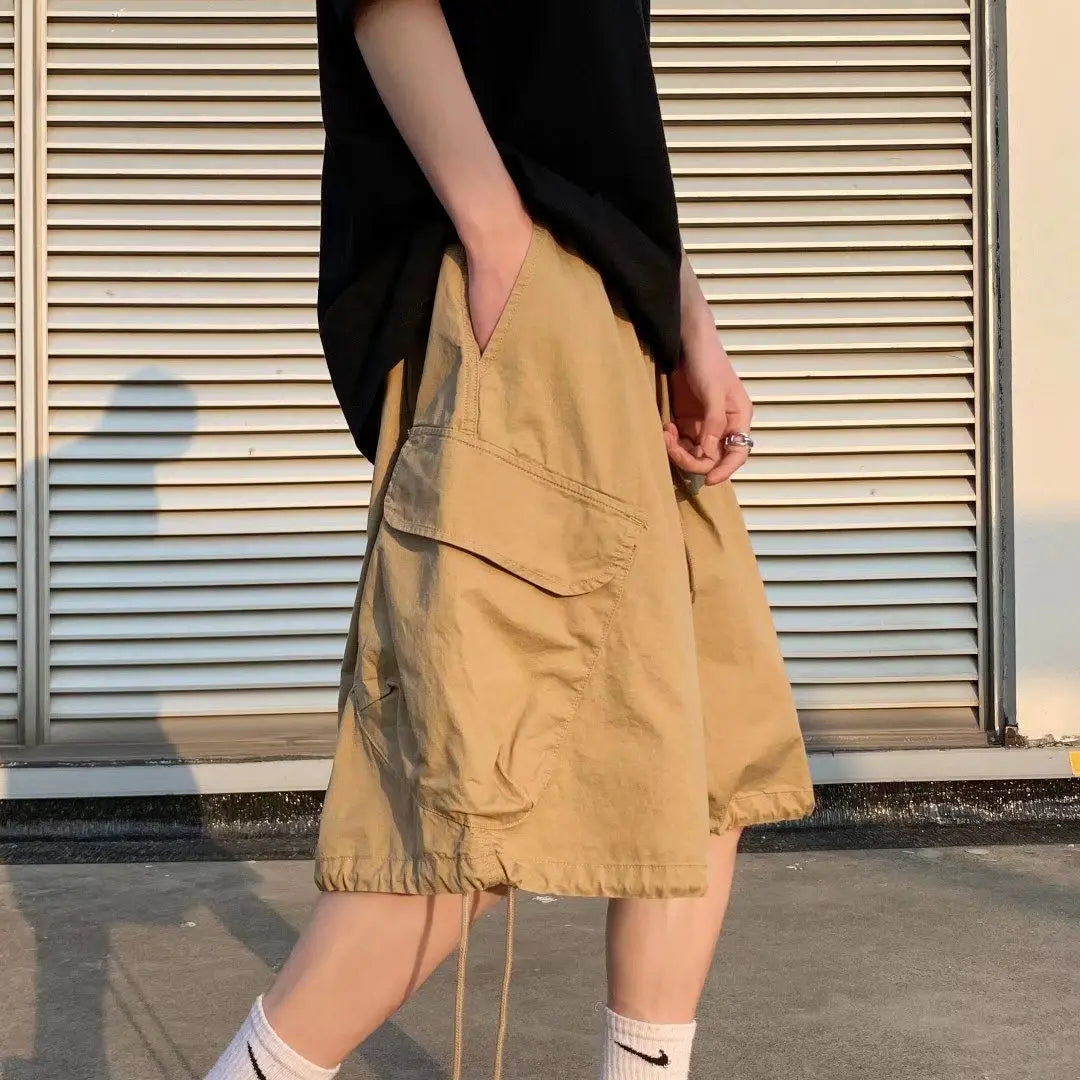 STORESDE Khaki 7-point Men Summer Thin Japanese Workwear Wide-leg Loose Over-knee Shorts