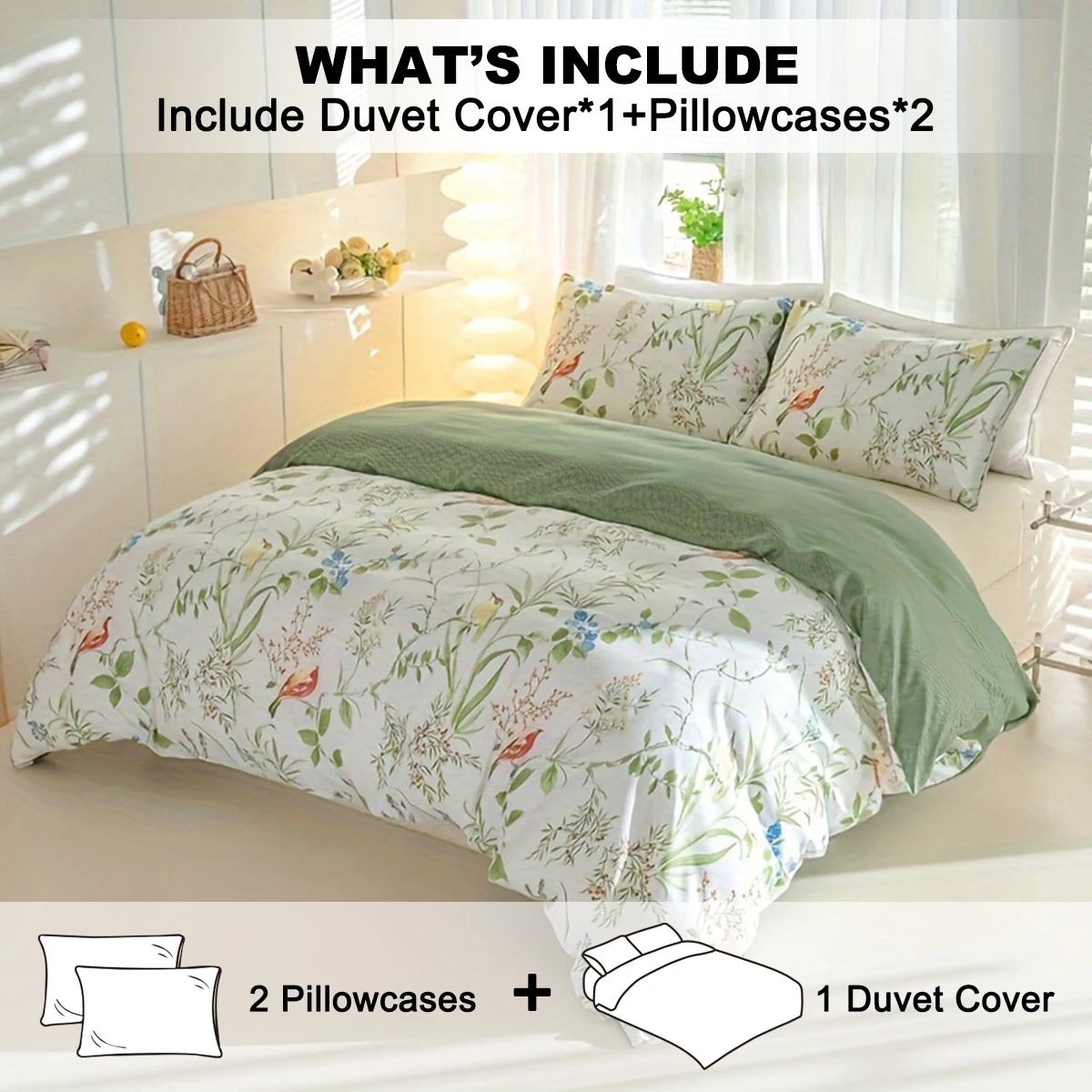 STORESDE 3pcs/set Leaf Floral Pattern Duvet Cover Set(1 Duvet Cover & 2 Pillowcase）Soft And Skin-Friendly Duvet Cover Bedding Set For