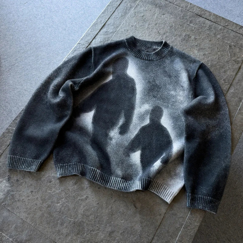 STORESDE High Street Gradient Abstract Artistic Portrait Pattern Loose Knit Pullover European Punk Gothic Round Neck Long Sleeve Sweater