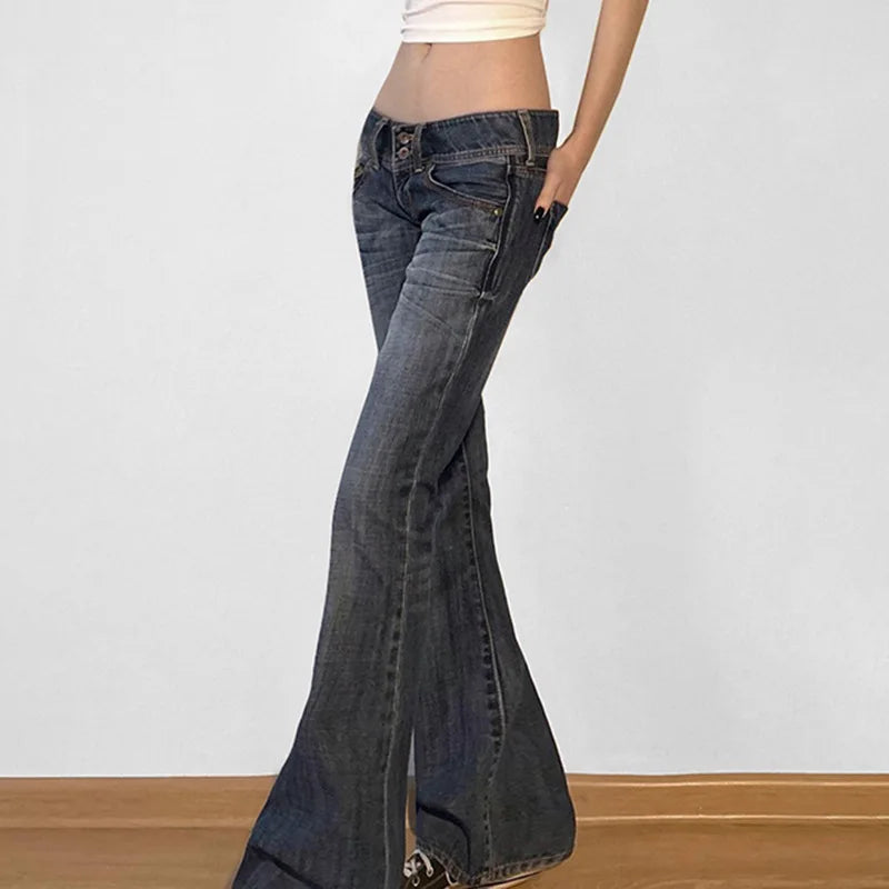 STORESDE Vintage y2k Flared Jeans Retro Button-up Low Rise Casual Denim Pants Harajuku 2000s Trousers Basic Aesthetic Mom