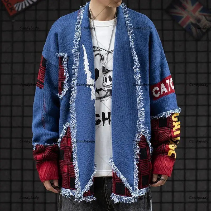 STORESDE Retro Japanese National Wind Cat Beard Sweater Male Couple Y2K Street Fashion Brand Loose Korean Trend Cardigan Sweater Coat Top