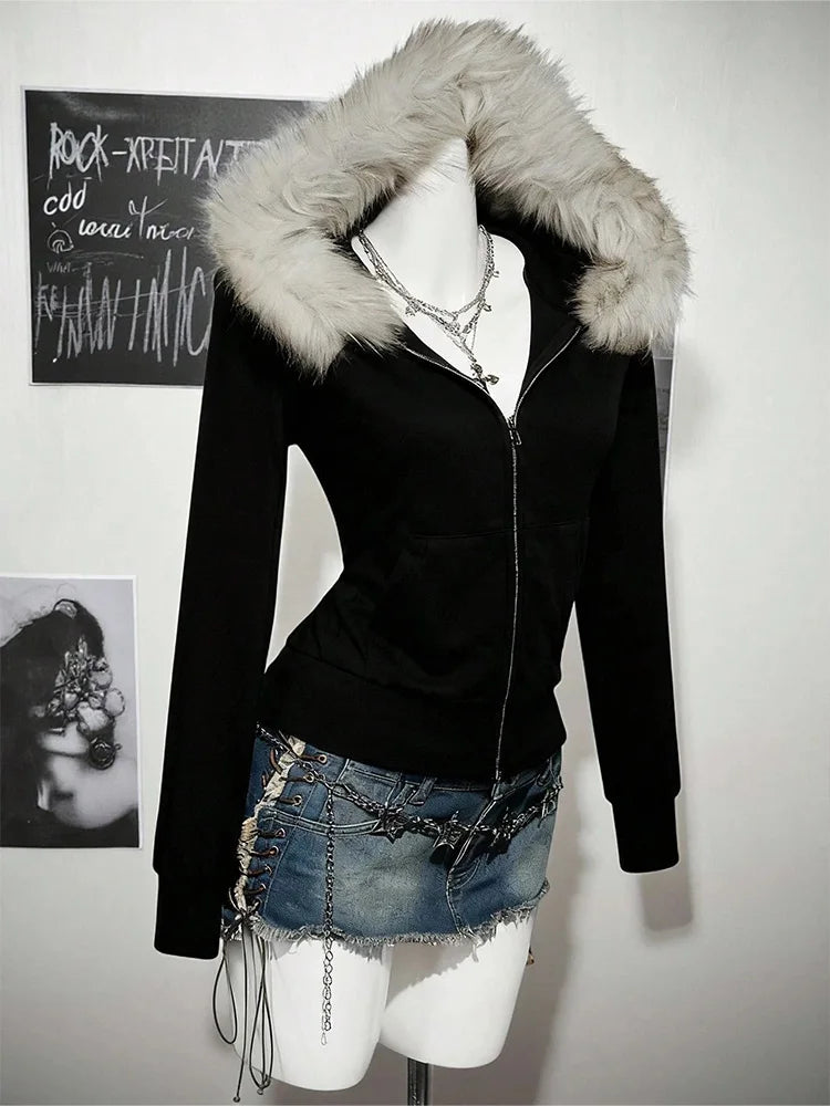 STORESDE Y2K Harajuku Gothic Women's Hoodie Sexy Slim Chic Suede Fur Collar Letter Print Cardigan Sweatshirt  Female Streetwear