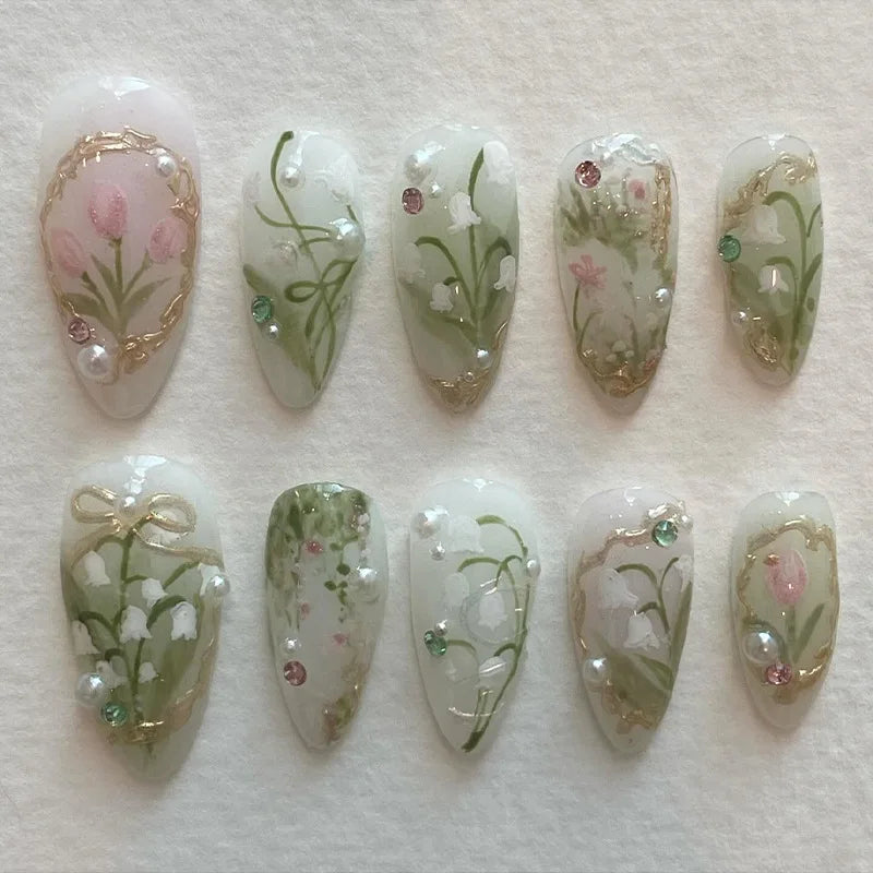 STORESDE 24Pcs Peach Blossom Press on Nails Cat's Eye Nude Glitter False Nail for Women&Girl Spring and Summer Detachable Wearable Nail