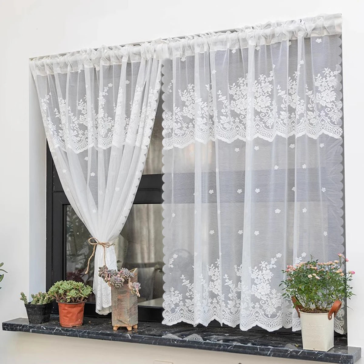 STORESDE 1PC White Short Lace Curtain,Cute Floral Pattern Kitchen Valance,Window Valances Pastoral Tulle Voile Home Decor Kitchen Door