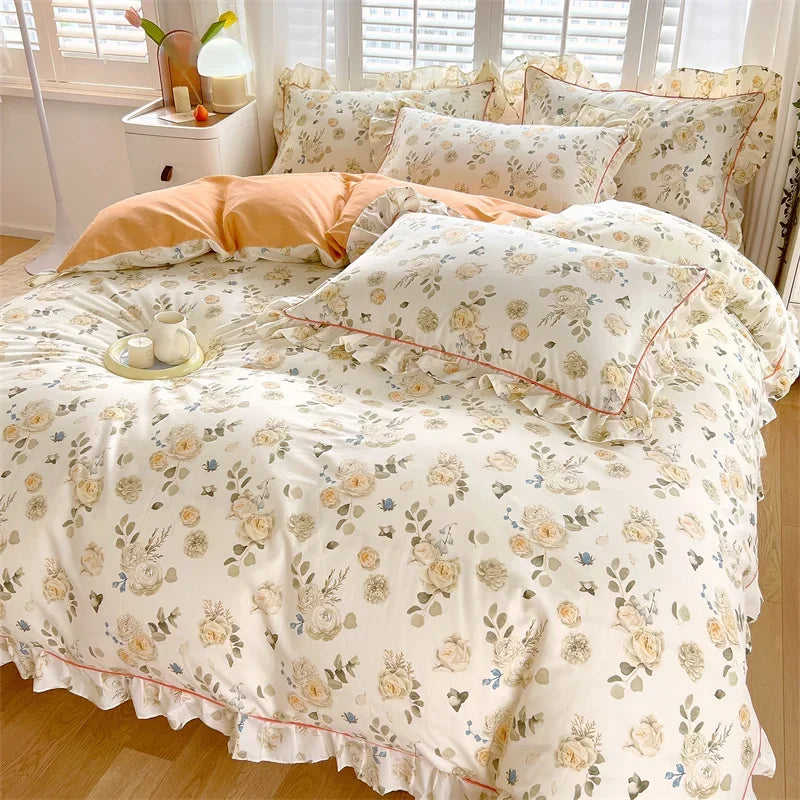 STORESDE Princess Style Ruffles 100% Cotton Quilt Cover Set or Single Quilt Covers Floral Soft Duvet Cover Cotton Cute Comforter Covers