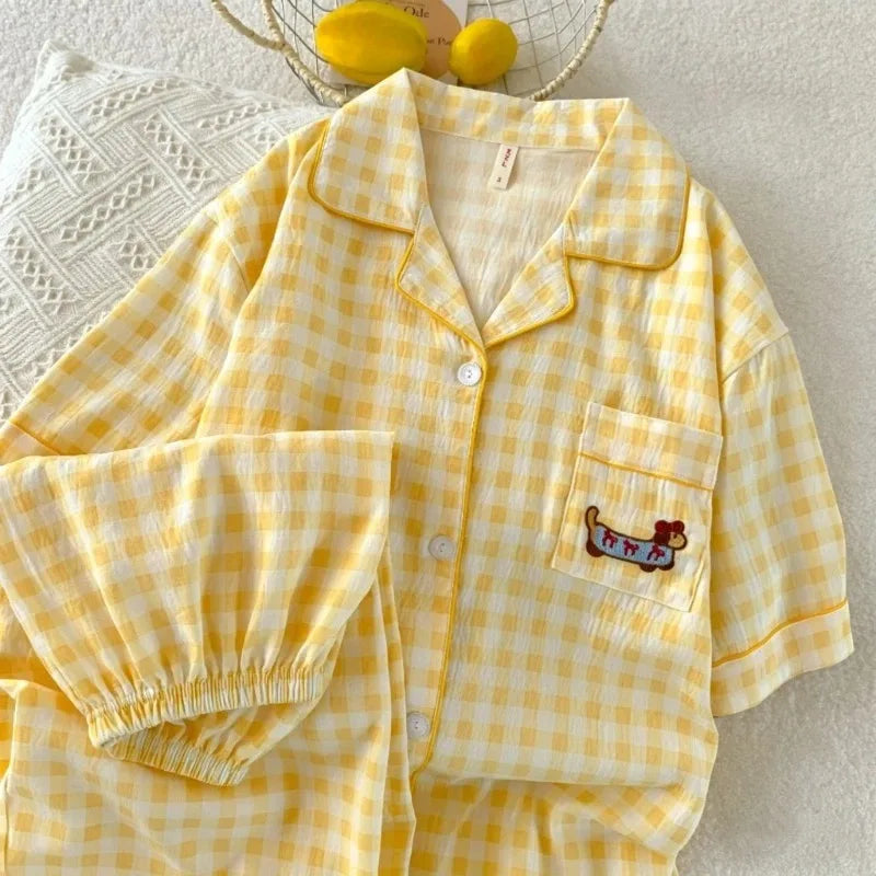 STORESDE Y2K Embroidery Plaid Dachshund 2PC Set Women's Pajamas Sweet Cute Short Sleeve Shorts Pajamas Lapel Neck New Summer Homewear
