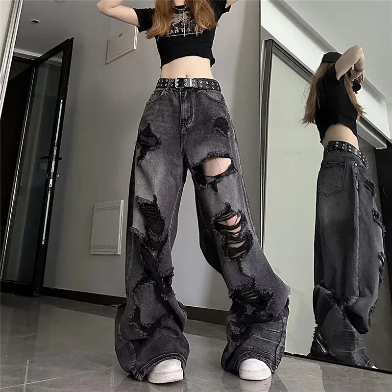 STORESDE High Street Vintage Black Ripped Jeans Fashion Wide Leg Pants Women'S High Waisted Straight Leg Pants Baggy Pants Y2k Jeans