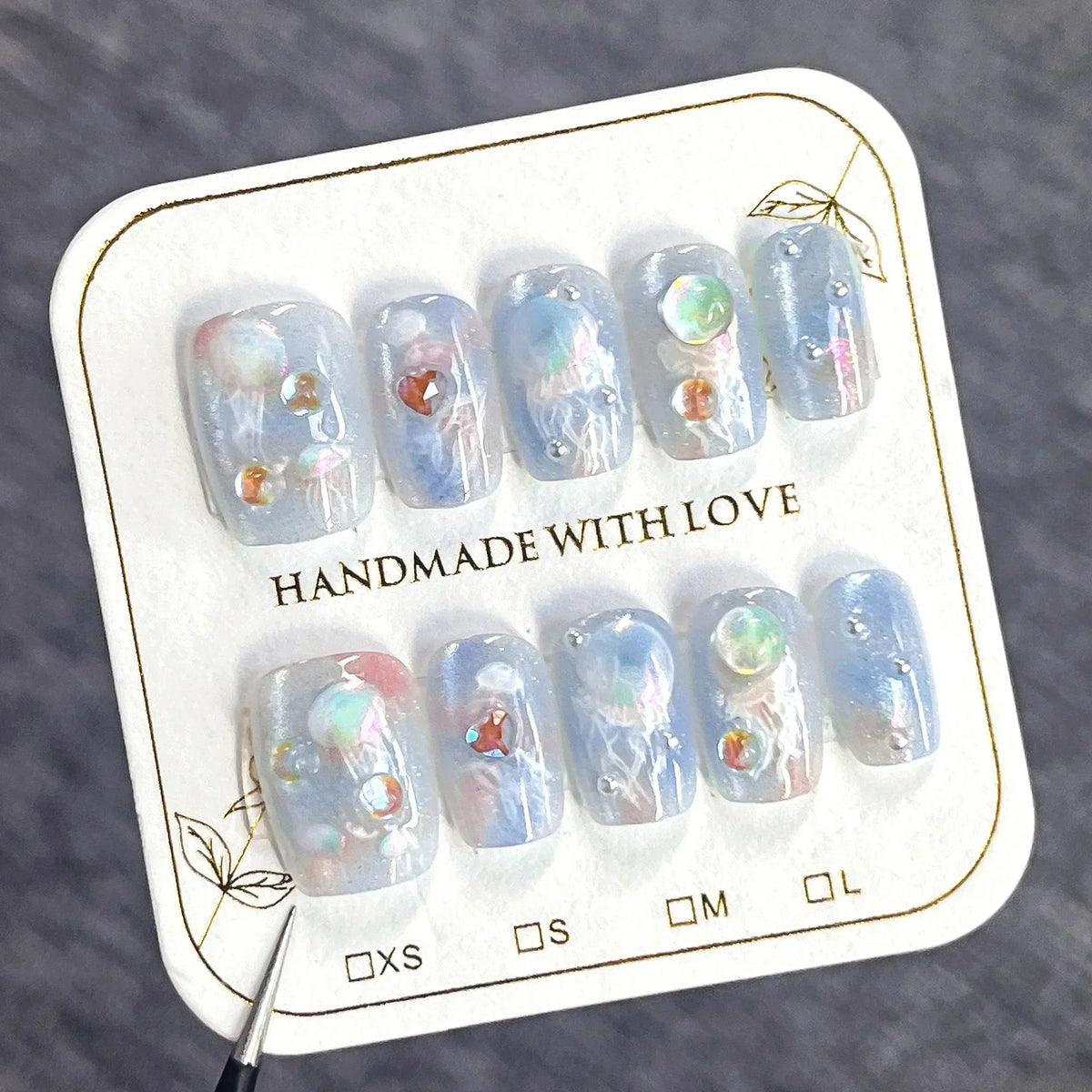 STORESDE 10Pcs Short French False Nail Gradient Blue Press on Nails with Diamond Pearl Design Full Cover Wearable Ballet Fake Nails Tips
