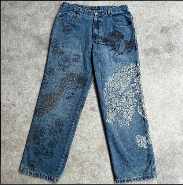 STORESDE Japanese Dragon Knitted Jeans Men Women Baggy Fit High Street Urban Casual Trendy Fashion Hip Hop Streetwear Daily Wear Style