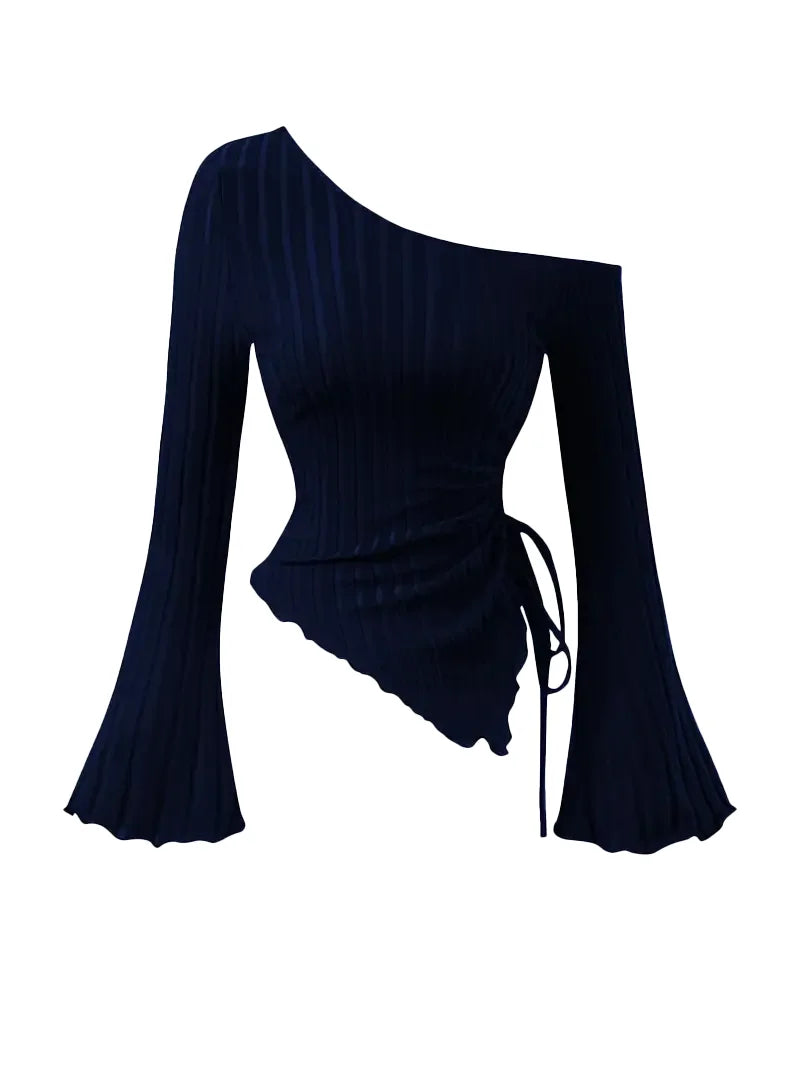 STORESDE women's New off shoulder cross long sleeved slim fit casual street style asymmetrical elegant T-shirt trumpet sleeve top