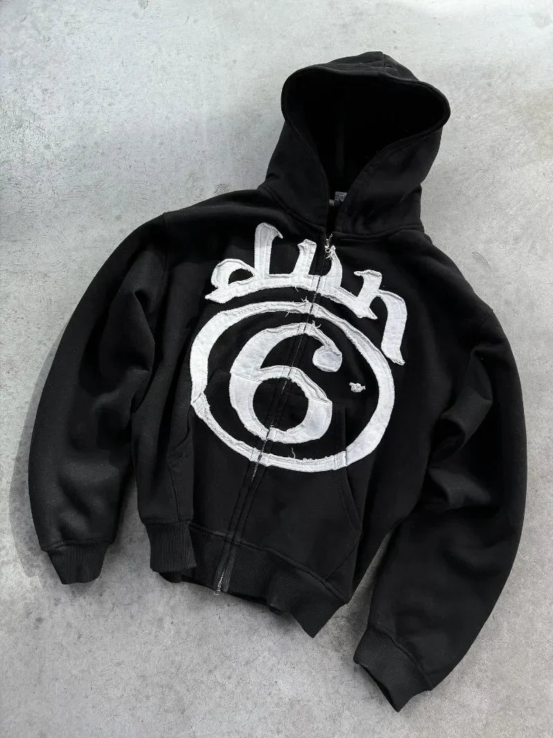 STORESDE Vintage Hip Hop Letter Embroidery Zipper Hoodie Streetwear Men Women Sports Washed Loose Coat Y2K Punk Couple Hoodie Sweatshirt
