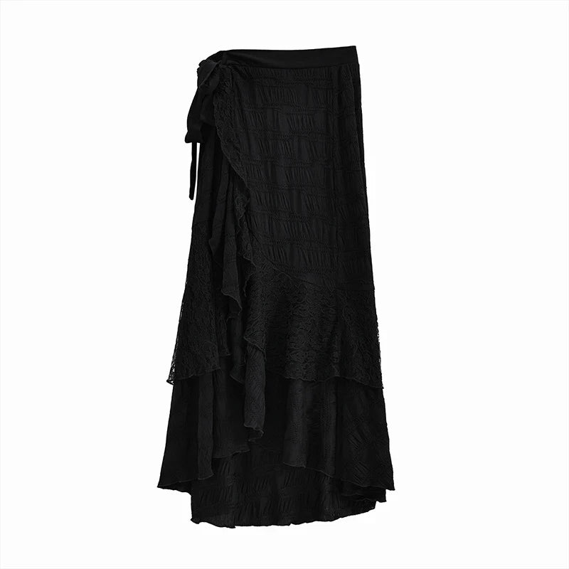 STORESDE Y2K Black Long Skirt Women Harajuku Gothic Lace Asymmetrical Maxi Skirts Summer Korean Ruffles Patchwork Bandage Design Faldas