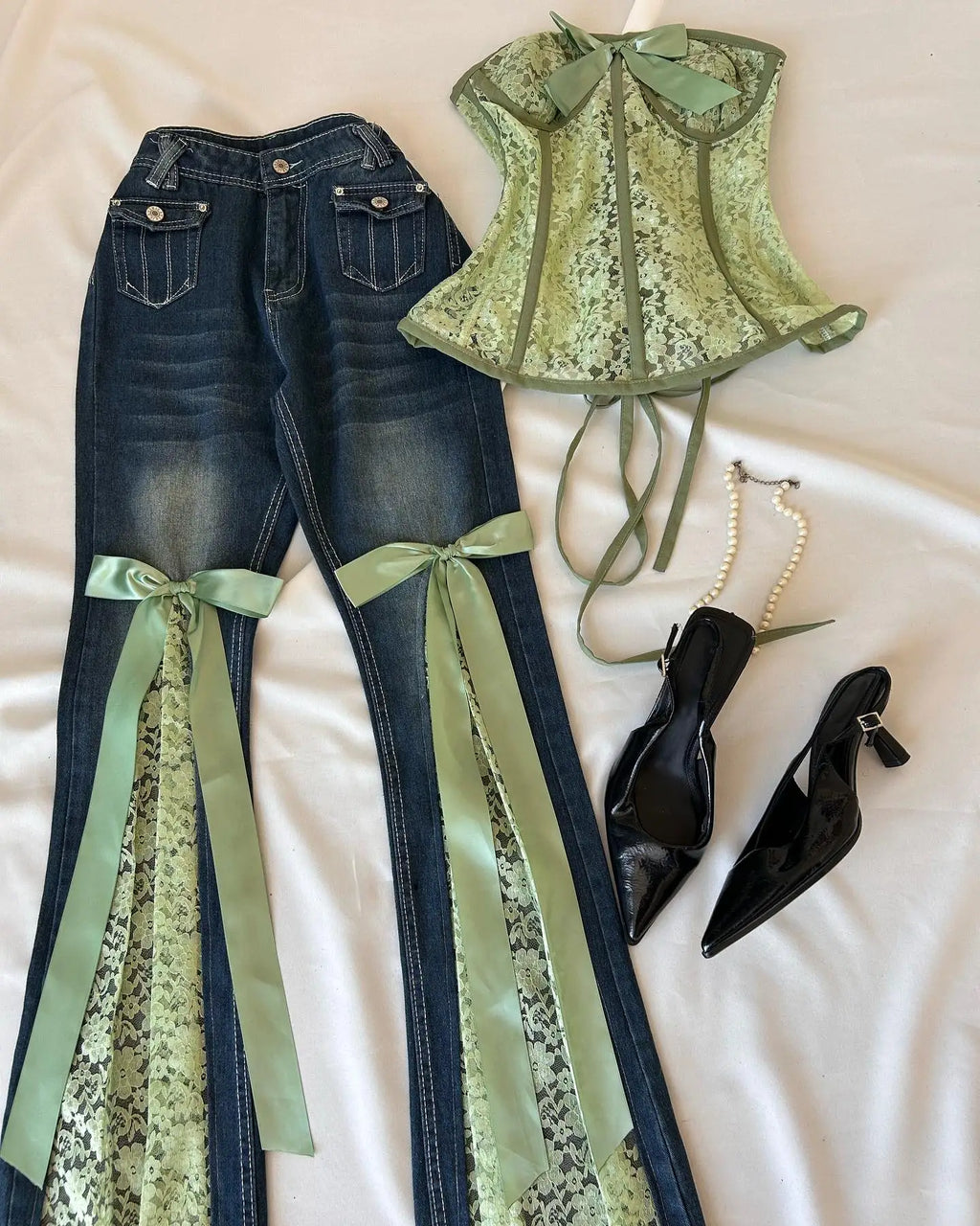 STORESDE Y2 Retro Sweet Bowknot Satin Ribbon Lace Patchwork Jeans Mid Waist Slimming Wrap Hip Bootcut Jeans Micro Elastic Denim Pants