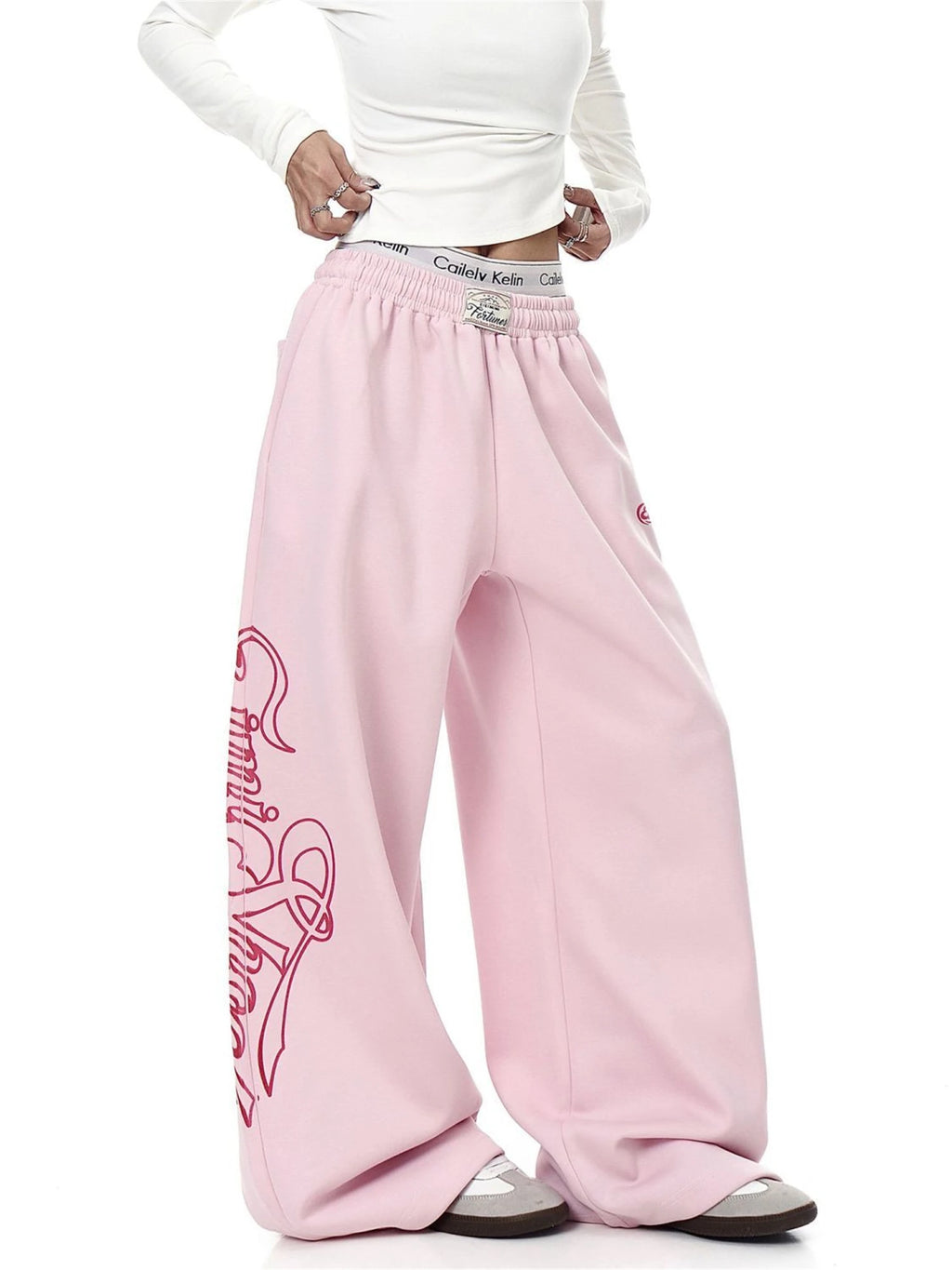 STORESDE Y2K Women's Pink Wide Leg Sweatpants 2025 New Fashion Letter Print Drawstring Waist Casual Streetwear Trousers