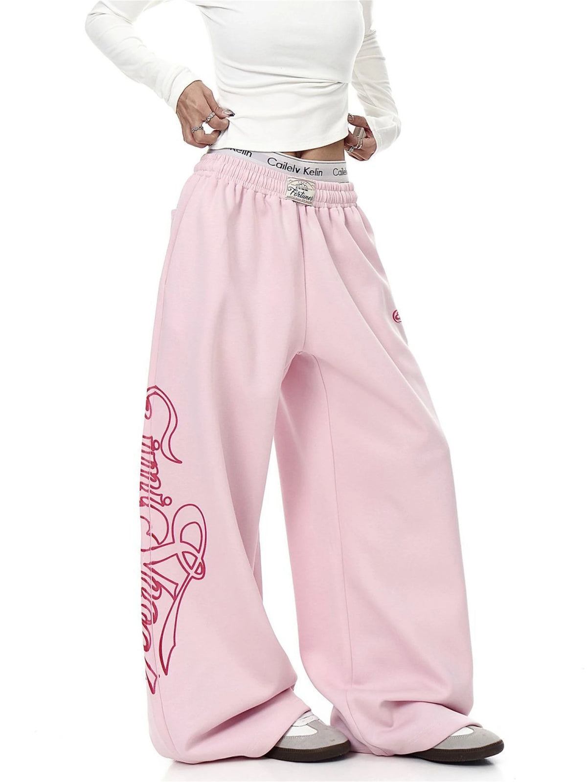 STORESDE Y2K Women's Pink Wide Leg Sweatpants 2025 New Fashion Letter Print Drawstring Waist Casual Streetwear Trousers