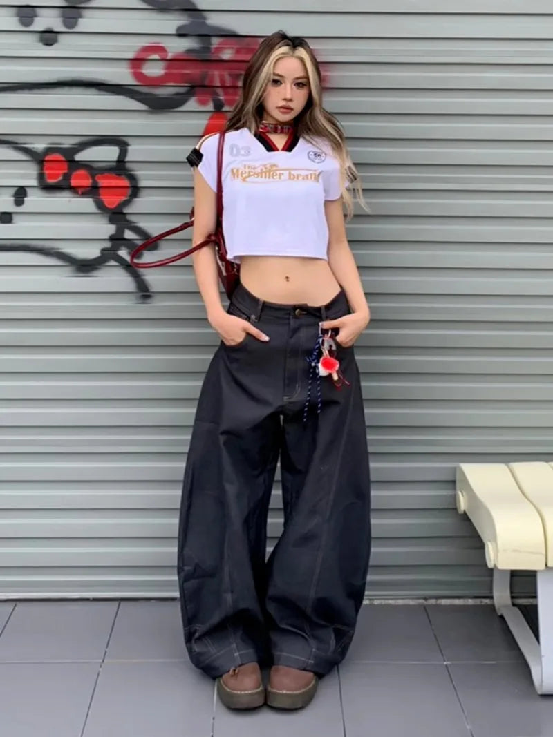 STORESDE American New Fashion Letter Embroidery Stitching Old Baggy Jeans Women Y2K Harajuku  Popular High Waist Wide Leg Trousers