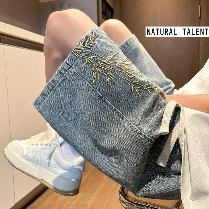 STORESDE Men's 2026 Summer Retro Washed New Chinese Style Embroidered Denim Shorts Thin Loose Plus Size Streetwear 5-Pocket Capri Pants