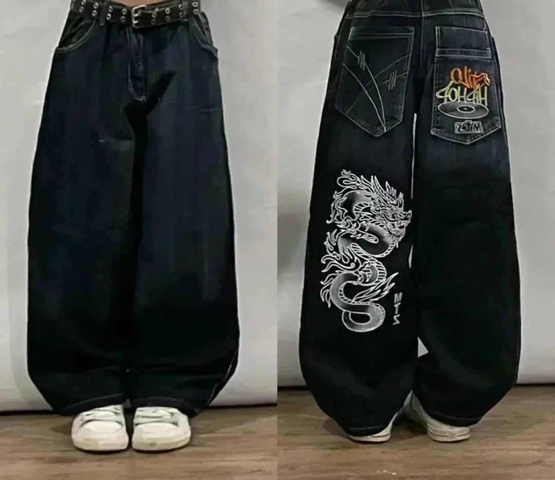 STORESDE 2025 New American Trend Retro Hip-hop Embroidery Pattern Baggy Jeans For Men And Women Y2K Harajuku Gothic Wide Pants Streetwear