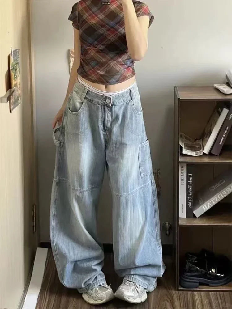 STORESDE Letter Printing Women Wide Leg Jeans Y2K High Waist Streetwear Baggy Denim Trousers Bf American Hip Hop Grunge Jeans New