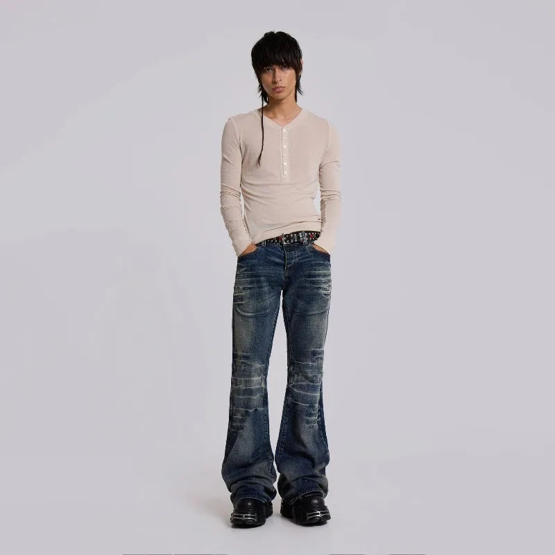 STORESDE Y2K Mid Blue Flared Jeans Vintage Washed Men Women Bootcut Jeans Gothic High Street Unisex Streetwear Retro Baggy wide leg Pants