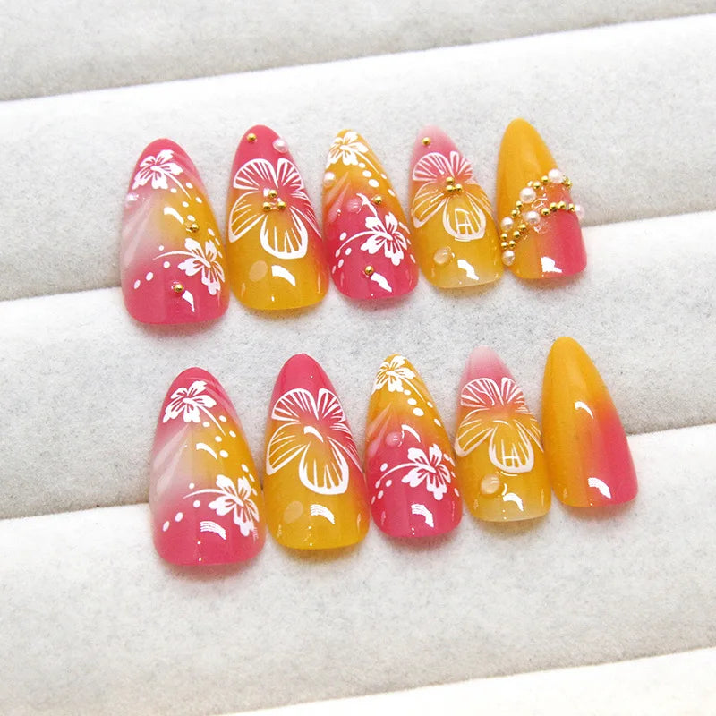 STORESDE 24pcs White Flower Fake Nail Tips Ins Yellow Pink Blush False Nails Wearable Full Cover European Almond Shaped Press on Nails