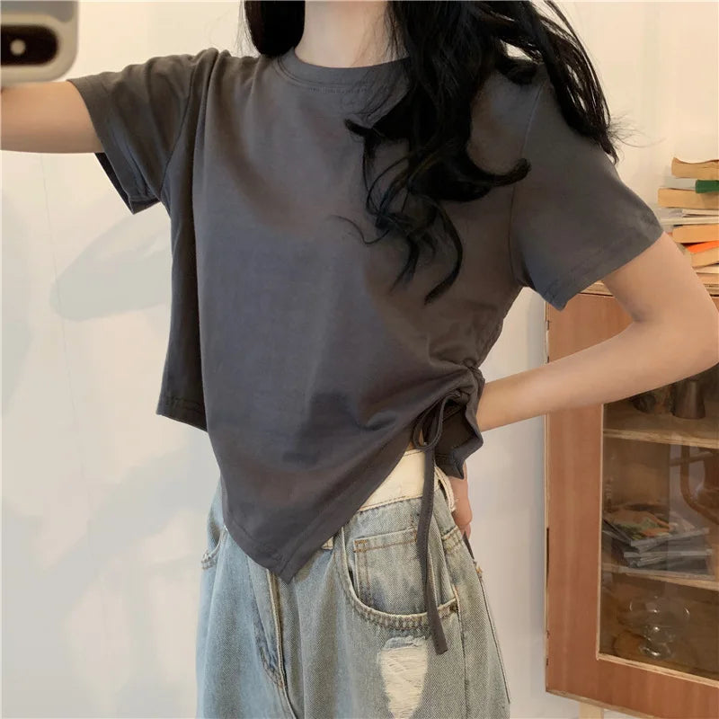 STORESDE Slit Bandage V Neck Sexy Crop Top Women Korean Casual Summer New Short Sleeve T-shirt Y2K Streetwear Trendy Top for Women