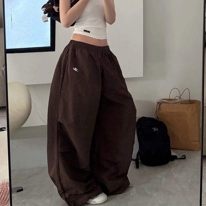 STORESDE Y2k American Women's Hip Hop Loose Wide Leg Jogger Pants 2026 Summer Pattern Embroidered Parachute Sweatpants Loose Pleated