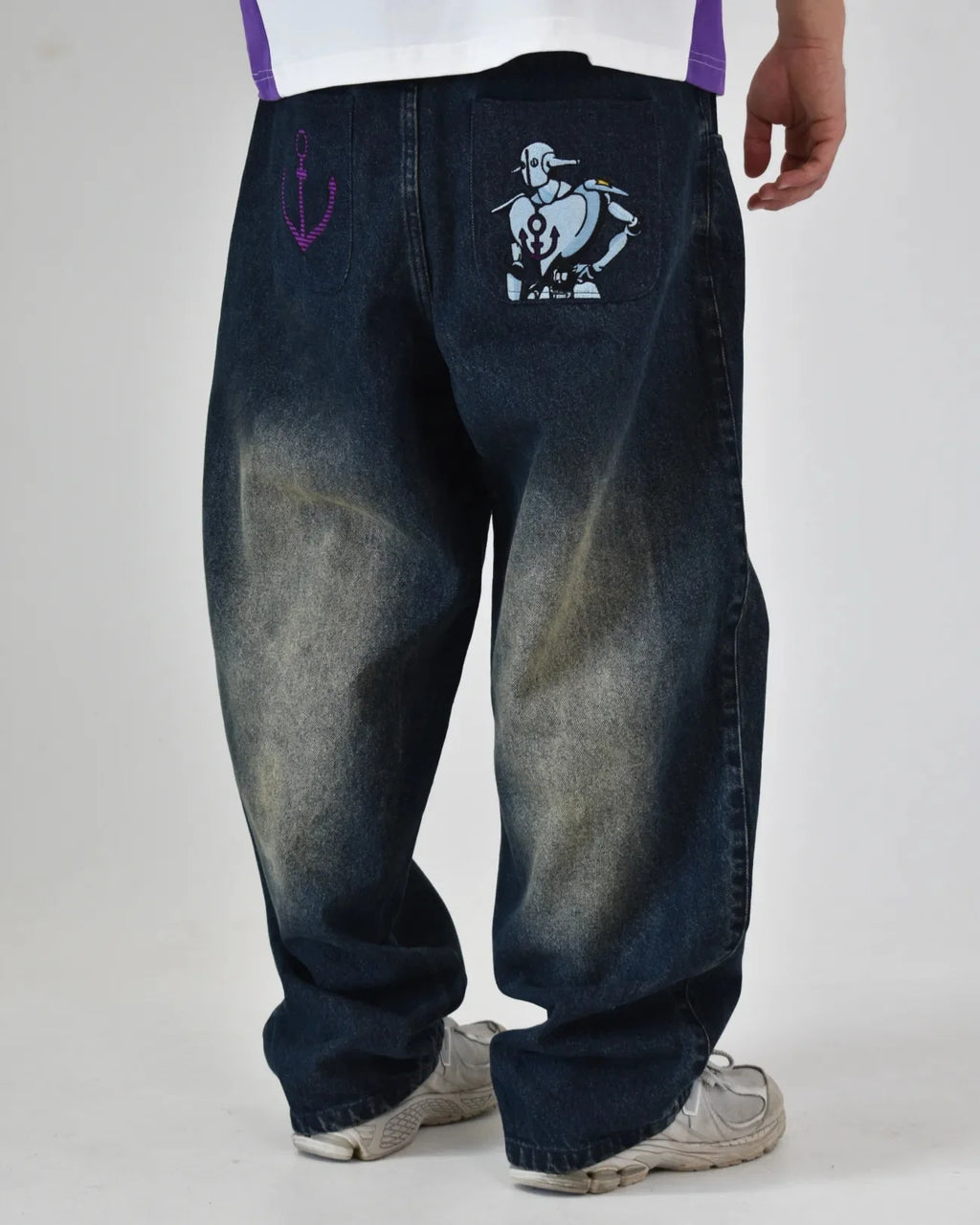 STORESDE Japanese Anime JOJU FMA High Waist Baggy Men Jeans Alphonse Elric Embroidery Anchor Patch Distressed Wash Wide Leg Denim Pants