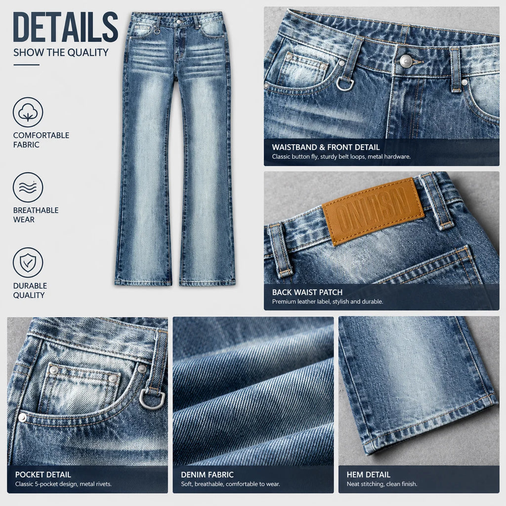 STORESDE Y2K Men Bootcut Jeans Retro Whisker Faded Blue Flared Pants American Hip Hop Streetwear Pocket Micro Flare Unisex Denim Pants