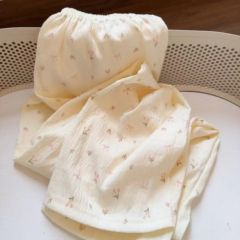 STORESDE Autumn Sweet Princess Style Lace Bow Cloud Cotton Long-Sleeved Trousers Cardigan Pyjamas Young Girl Student Cute Pyjama Set