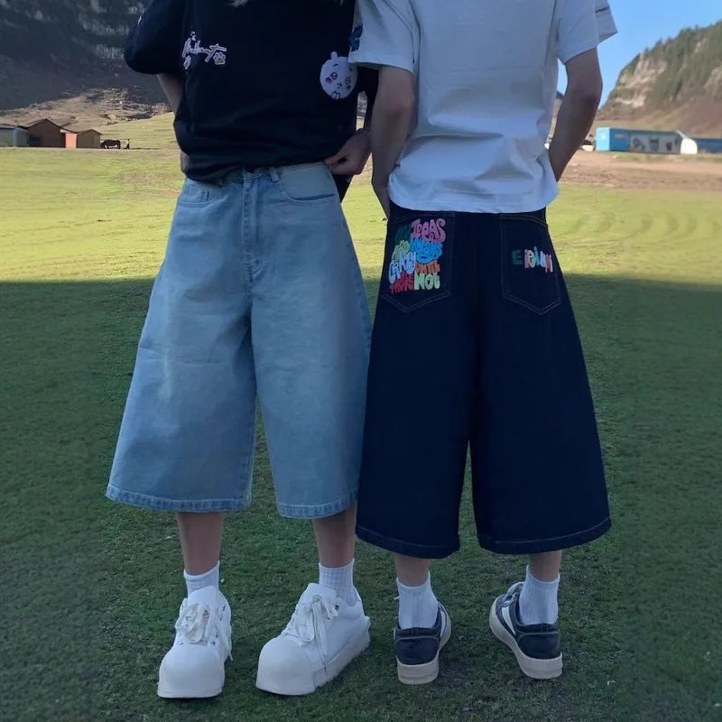 STORESDE American Style High Waist Wide Leg Jeans Short Pants Loose Fit Summer Casual Denim Shorts Couple Outfit Cotton Polyester Blend
