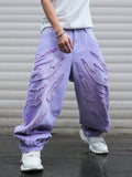 STORESDE High - street style purple distressed frayed jeans for men, loose, trendy street hip - hop wide - leg pants