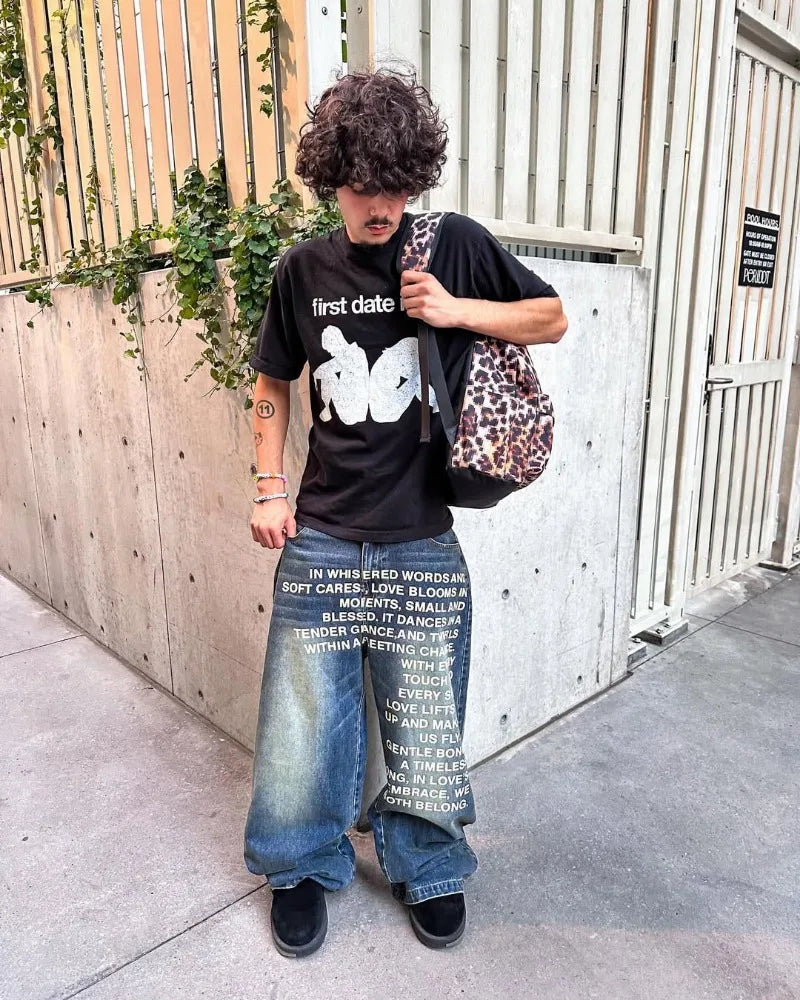 STORESDE Y2K men Jeans vintage American Pattern letter jeans streetwear gothic Harajuku Hip Hop men women Fashion Casual wide leg jeans