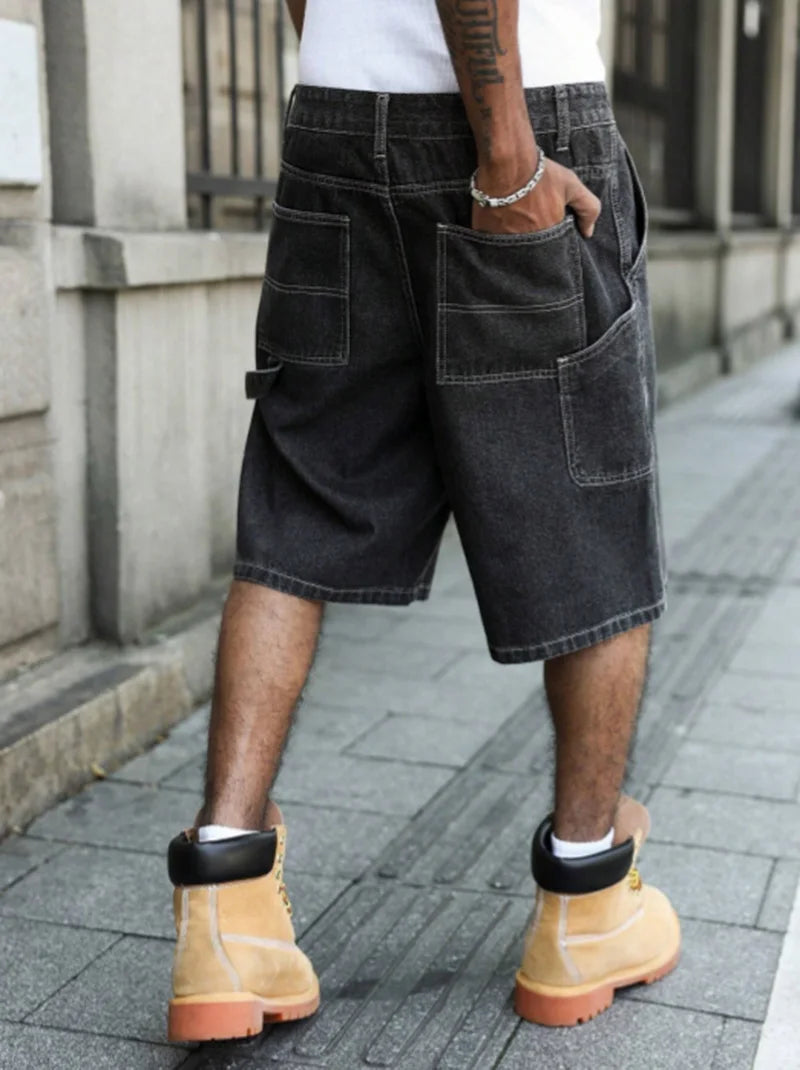STORESDE Men's Summer Black-Grey Loose Baggy Denim Shorts