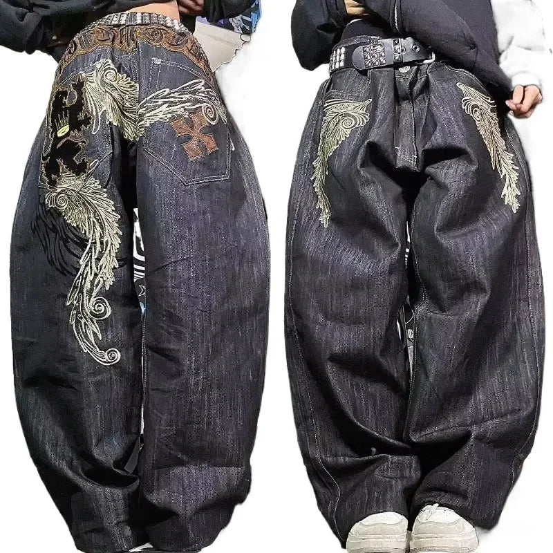 STORESDE 2025 New American Trend Retro Hip-hop Embroidery Pattern Baggy Jeans For Men And Women Y2K Harajuku Gothic Wide Pants Streetwear