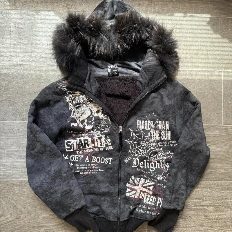 STORESDE American Fashion New Skull Print Hoodie Women Y2K Vintage Rock Hip Hop Gothic Popular Casual Joker Plus Velvet Padded Sweater