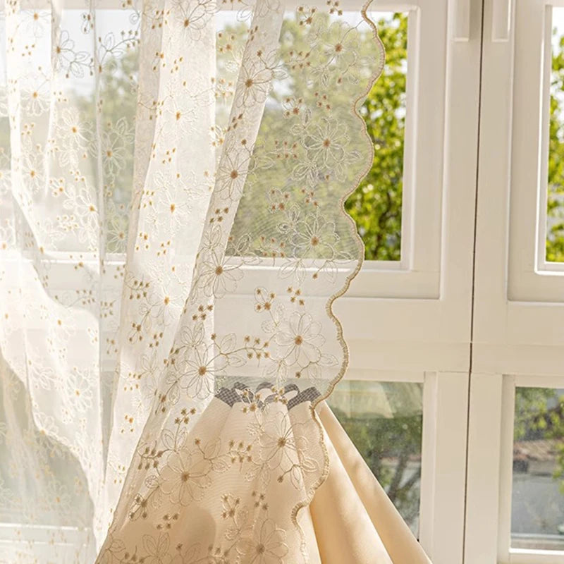 STORESDE French Country Style Embroidered Flower Small Window Curtains, Elegant Charming Vintage Lace Curtains for Living Room, Kitchen